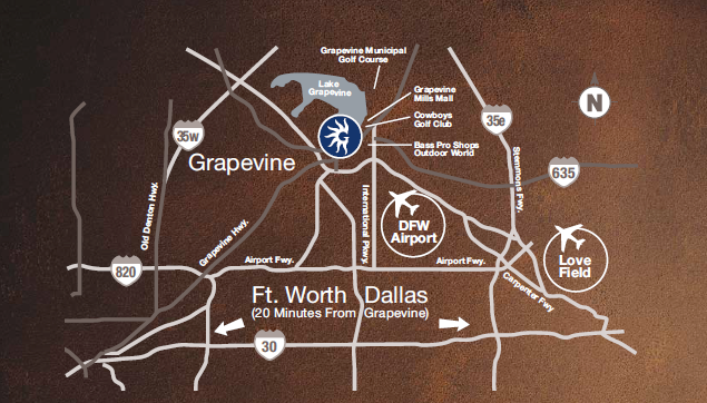 Street map showing location of airports and venue